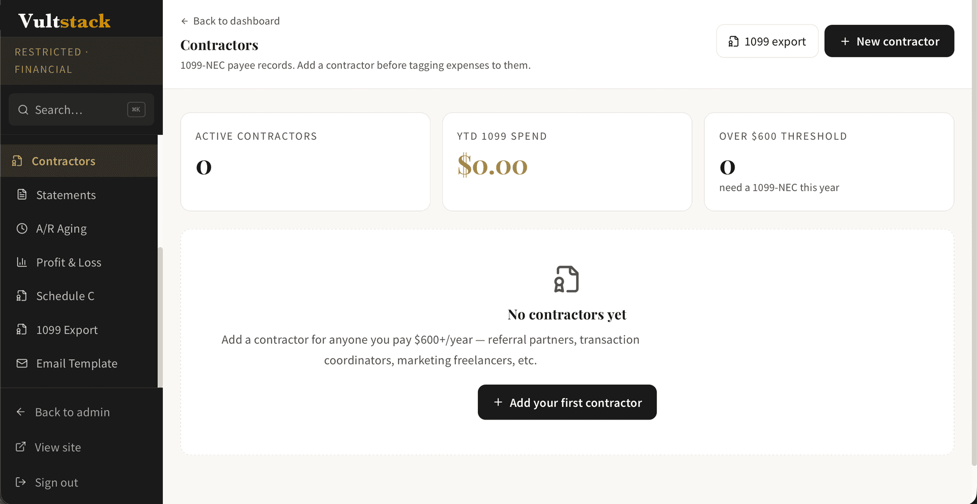 Vultstack contractor and 1099-NEC tracking with YTD 1099 spend and the $600 filing threshold