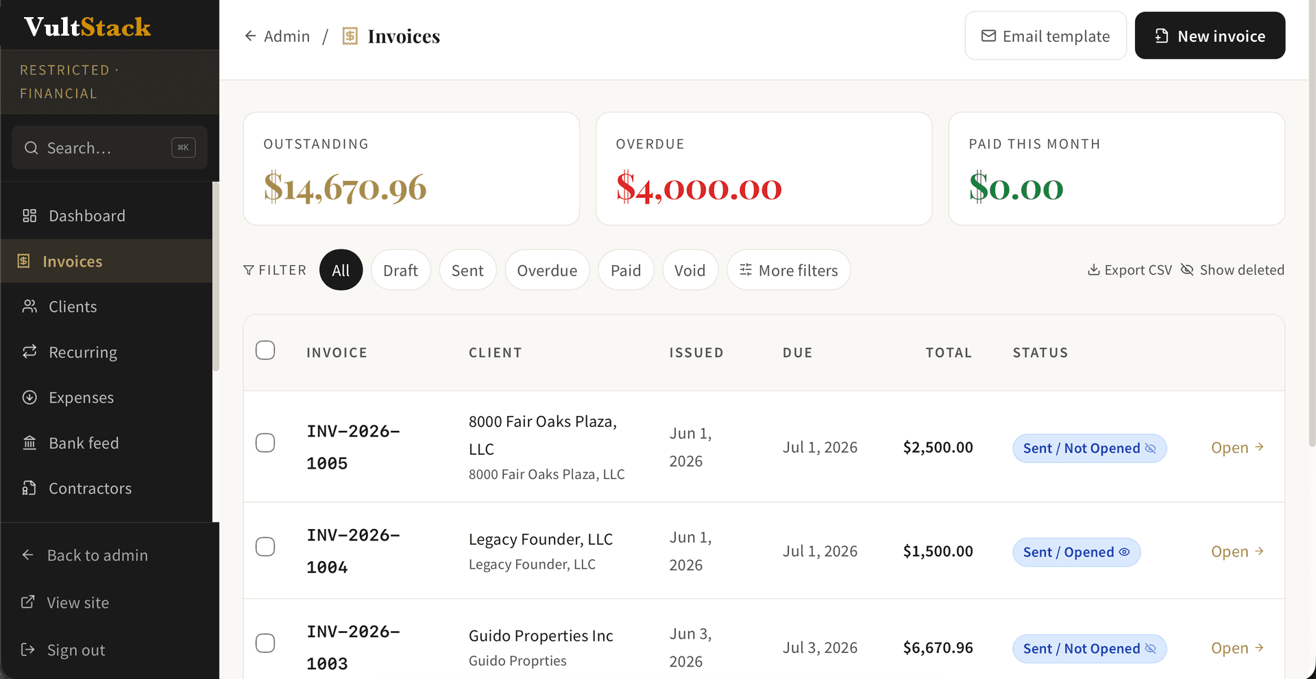 Vultstack brokerage invoicing screen with outstanding and overdue balances, invoice list, and sent and opened statuses