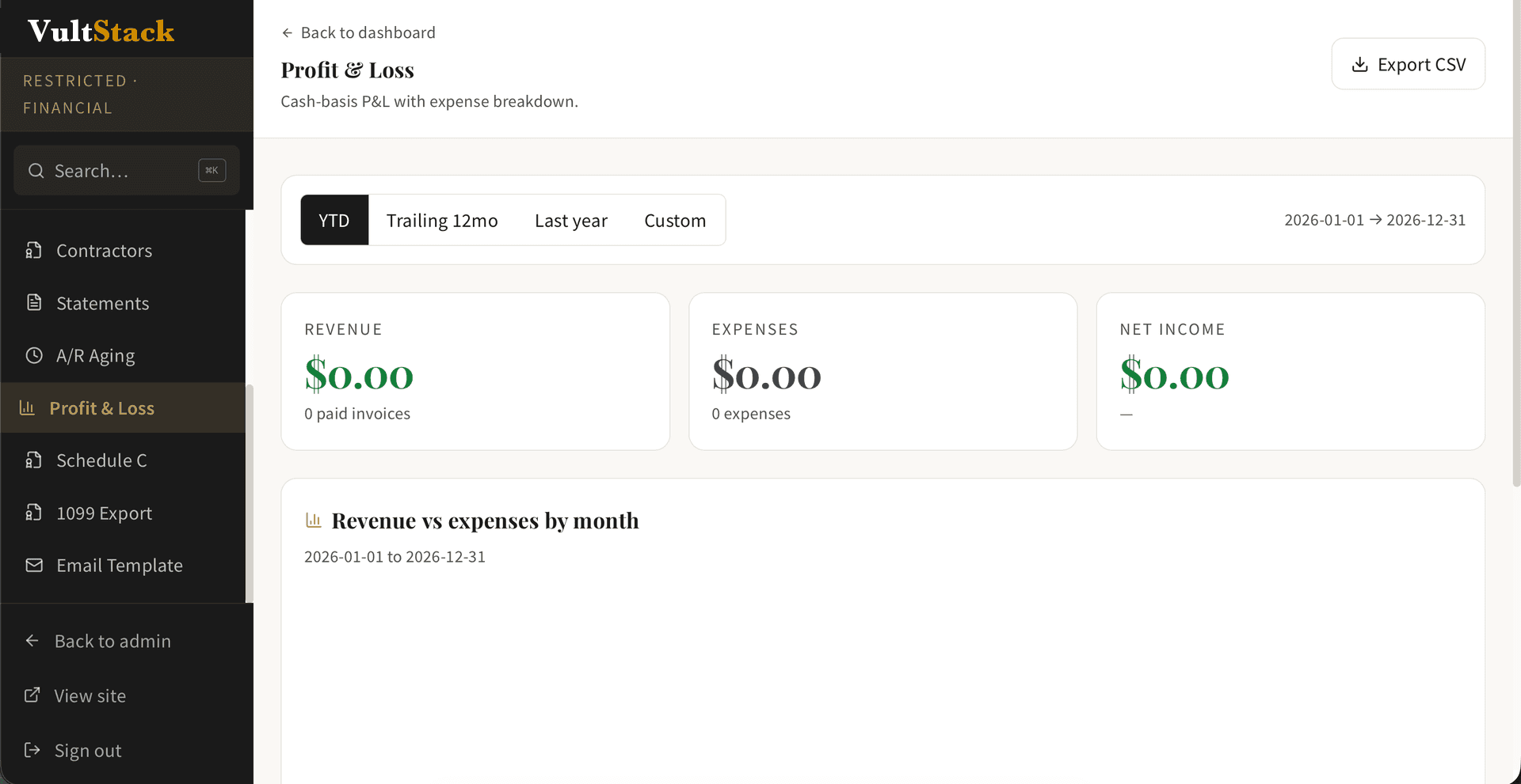 Vultstack real estate brokerage profit and loss report with revenue, expenses, net income, and CSV export