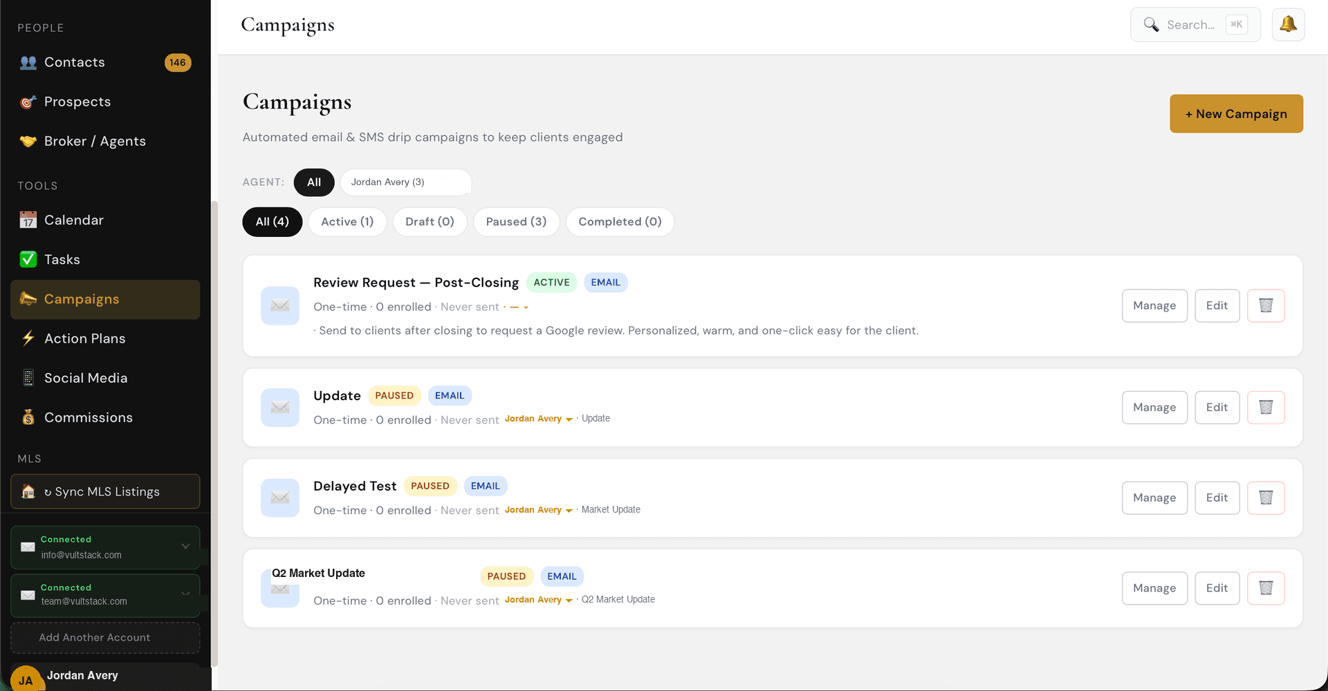 VultStack automated email and SMS drip campaigns for real estate agents