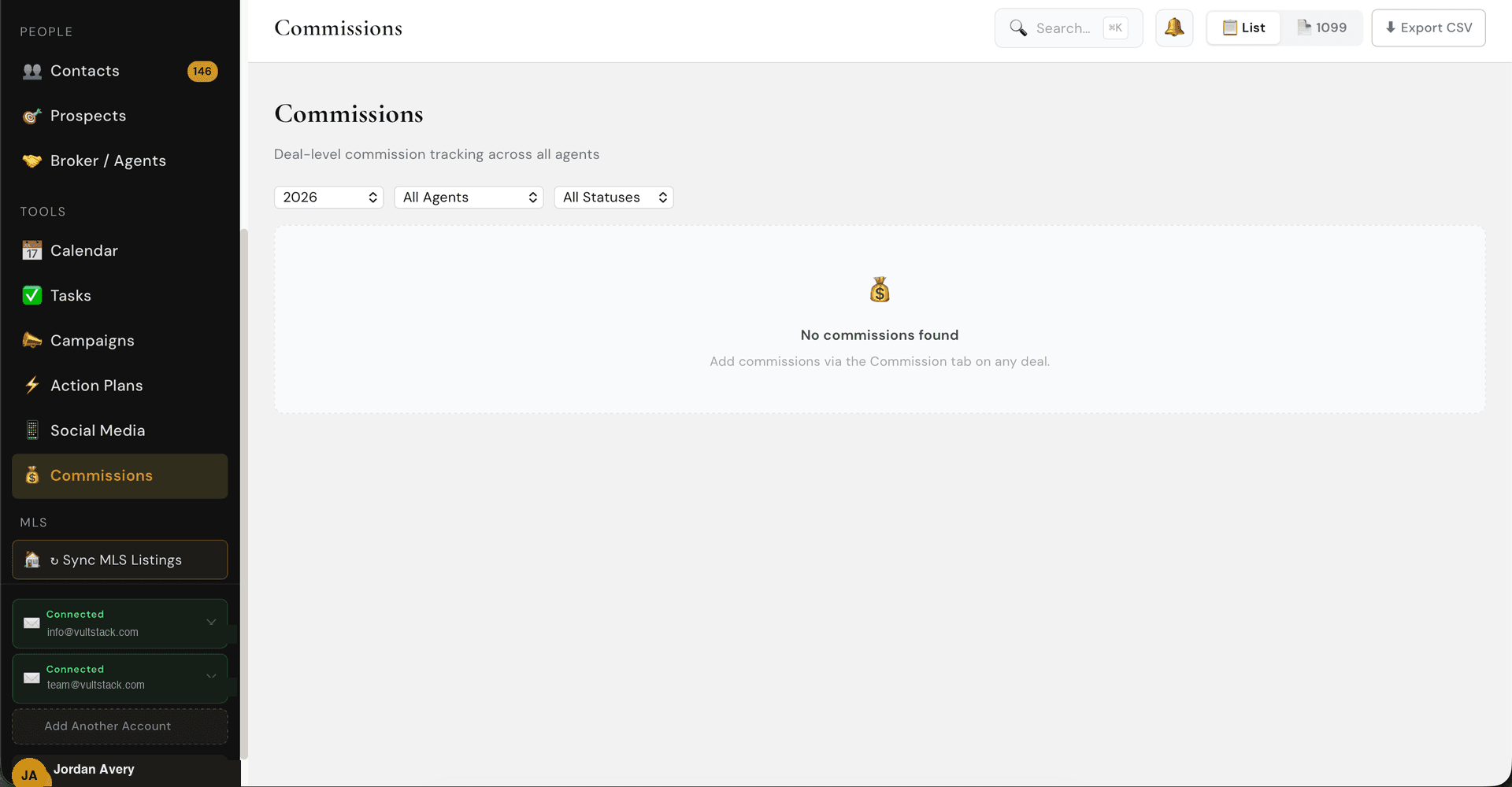 VultStack commission tracking screen with GCI, agent and brokerage splits, and automatic 1099 reporting
