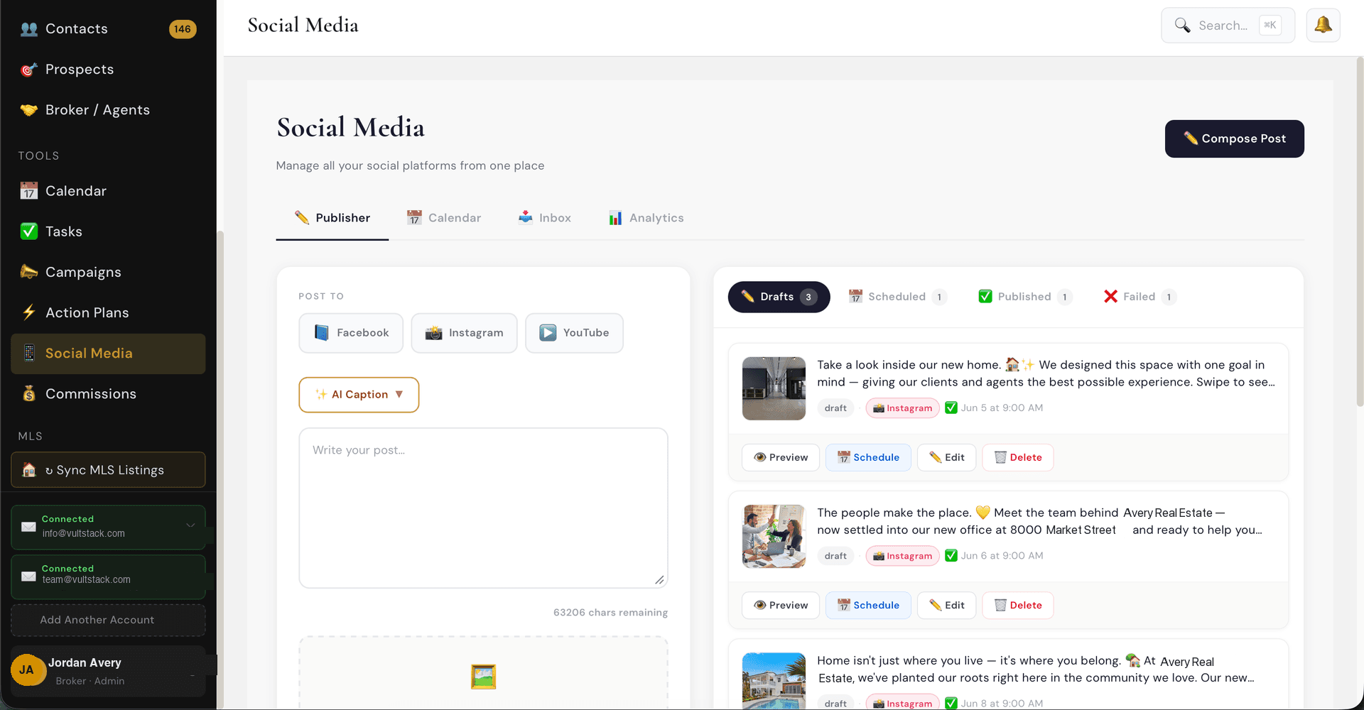 VultStack built-in social media suite for real estate, scheduling posts to Facebook, Instagram and YouTube with AI captions