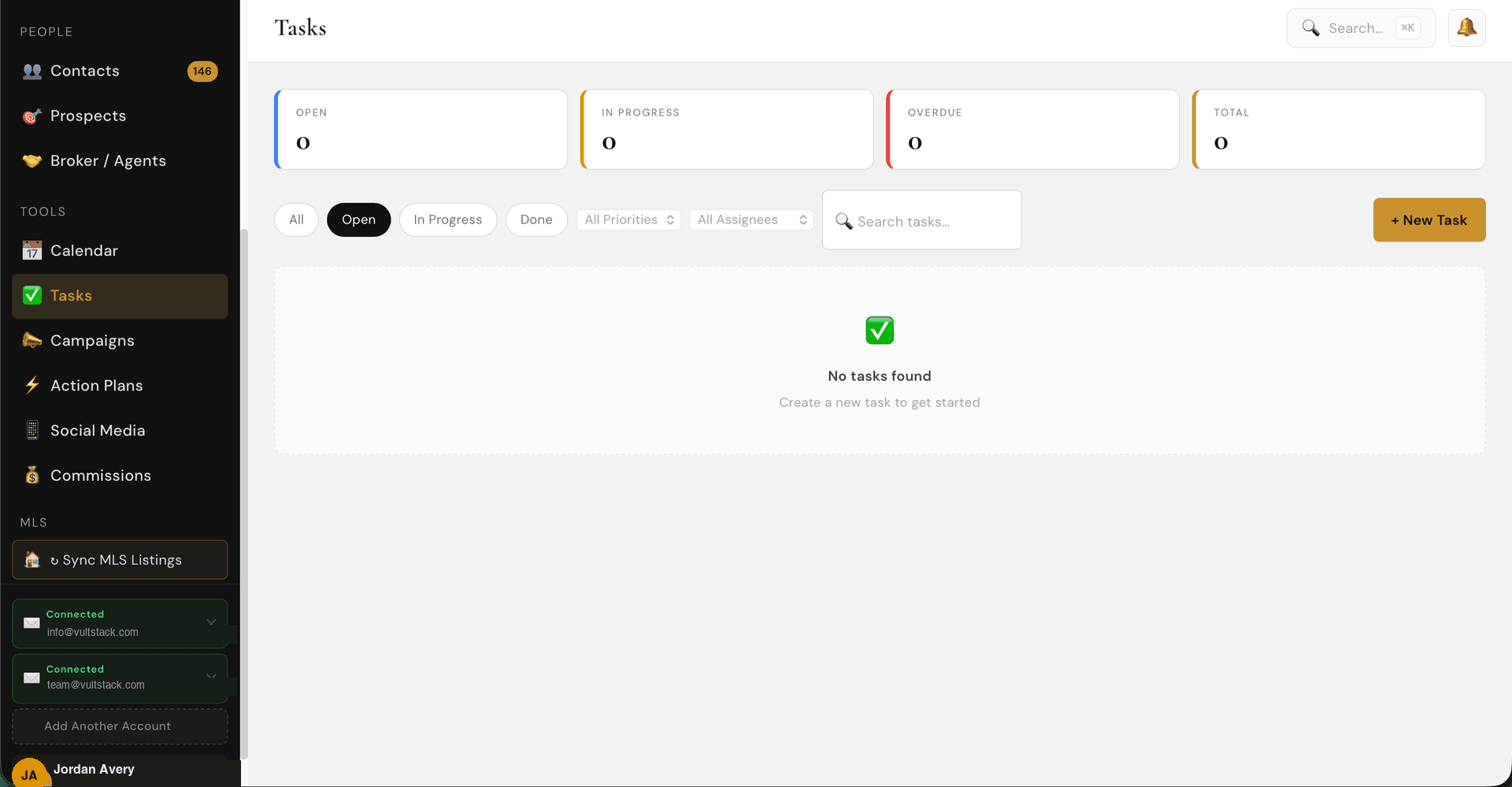VultStack task management for a real estate brokerage with priorities, assignees and statuses
